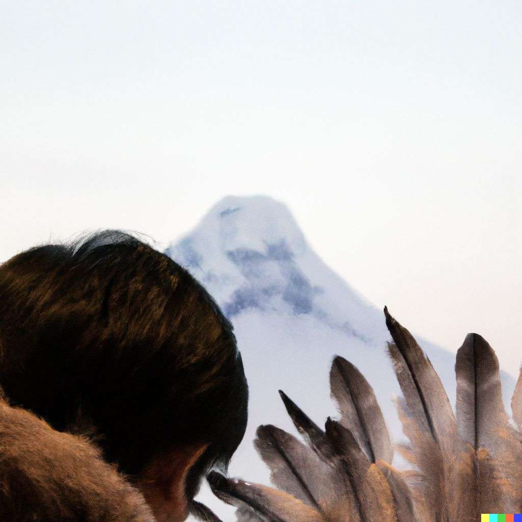 someone gazing at Mount Everest, made from feathers